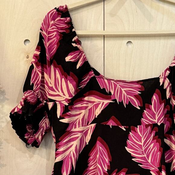 WHO WHAT WEAR Puff Sleeve Linen Blend Dress NEW Size XXL Pink Black Leaf Print - Picture 5 of 11